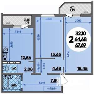 2-к квартира, вторичка, 68м2, 1/16 этаж