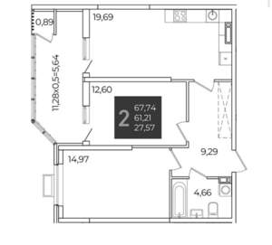 2-к квартира, вторичка, 72м2, 12/21 этаж