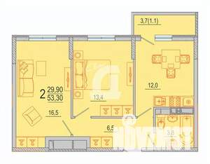2-к квартира, вторичка, 53м2, 7/15 этаж