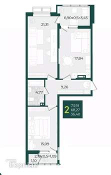 2-к квартира, вторичка, 73м2, 9/21 этаж