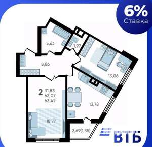2-к квартира, вторичка, 64м2, 8/19 этаж