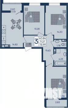 3-к квартира, вторичка, 74м2, 9/18 этаж