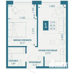 1-к квартира, строящийся дом, 41м2, 7/18 этаж
