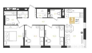 3-к квартира, строящийся дом, 69м2, 4/9 этаж
