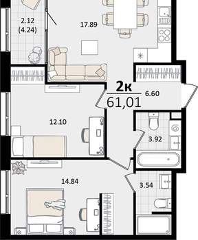 2-к квартира, вторичка, 61м2, 10/13 этаж