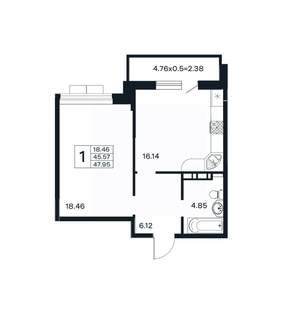1-к квартира, вторичка, 48м2, 2/12 этаж