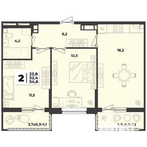 2-к квартира, строящийся дом, 48м2, 6/9 этаж