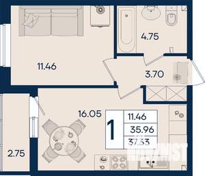 1-к квартира, вторичка, 37м2, 2/18 этаж