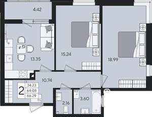 2-к квартира, строящийся дом, 66м2, 2/9 этаж