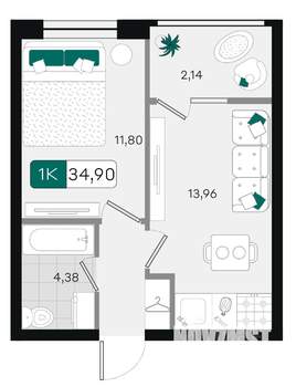 1-к квартира, вторичка, 35м2, 5/9 этаж
