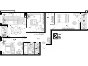 3-к квартира, вторичка, 74м2, 3/16 этаж