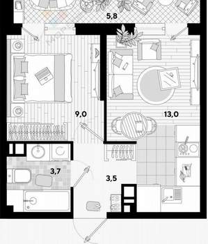 1-к квартира, вторичка, 35м2, 8/16 этаж