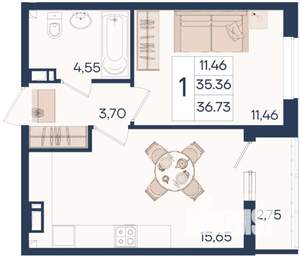1-к квартира, вторичка, 37м2, 3/18 этаж