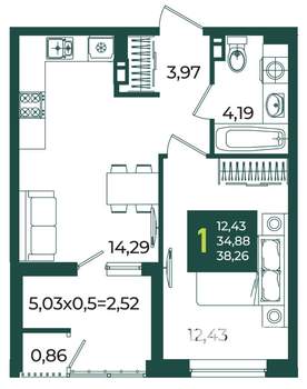 1-к квартира, вторичка, 38м2, 4/18 этаж