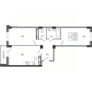 2-к квартира, вторичка, 60м2, 12/15 этаж