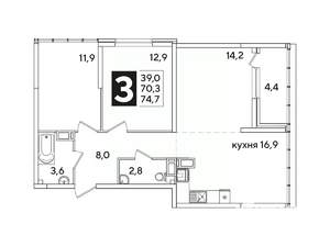 3-к квартира, вторичка, 75м2, 16/16 этаж