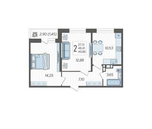 2-к квартира, строящийся дом, 50м2, 9/12 этаж