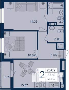 2-к квартира, вторичка, 55м2, 7/18 этаж