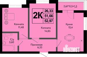 2-к квартира, вторичка, 53м2, 4/12 этаж
