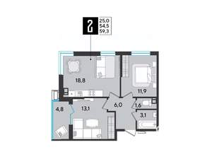 2-к квартира, строящийся дом, 59м2, 6/18 этаж
