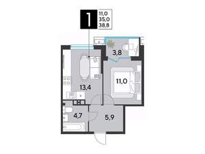 1-к квартира, строящийся дом, 39м2, 6/18 этаж