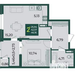 2-к квартира, вторичка, 46м2, 15/18 этаж