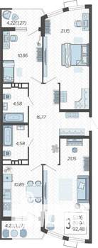3-к квартира, строящийся дом, 92м2, 16/21 этаж