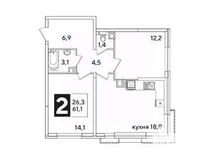 2-к квартира, вторичка, 61м2, 8/16 этаж