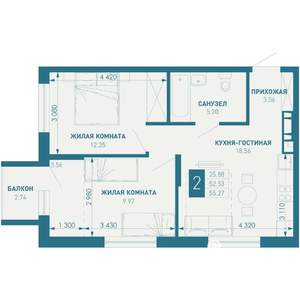 2-к квартира, строящийся дом, 55м2, 5/9 этаж