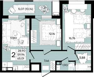 2-к квартира, вторичка, 65м2, 7/18 этаж