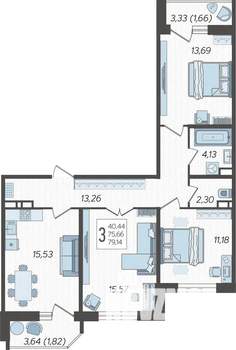 3-к квартира, строящийся дом, 81м2, 9/23 этаж