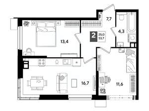 2-к квартира, строящийся дом, 54м2, 3/16 этаж