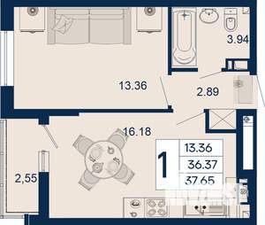 1-к квартира, вторичка, 38м2, 9/18 этаж