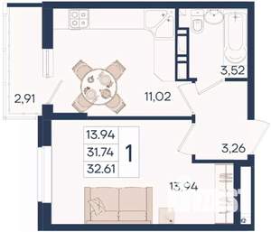 1-к квартира, вторичка, 33м2, 11/18 этаж