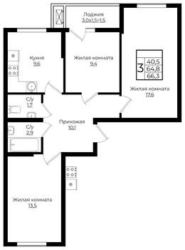 3-к квартира, вторичка, 66м2, 6/7 этаж