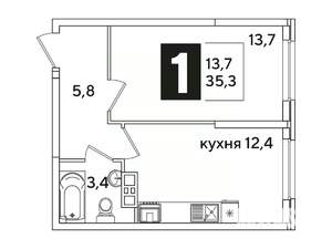1-к квартира, вторичка, 35м2, 6/16 этаж