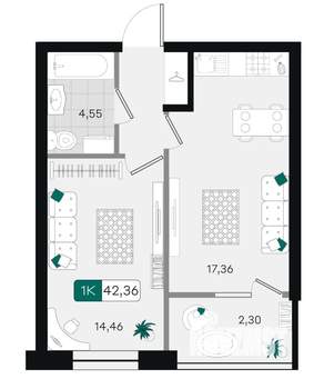 1-к квартира, вторичка, 42м2, 2/18 этаж