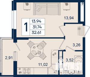 1-к квартира, вторичка, 33м2, 8/18 этаж