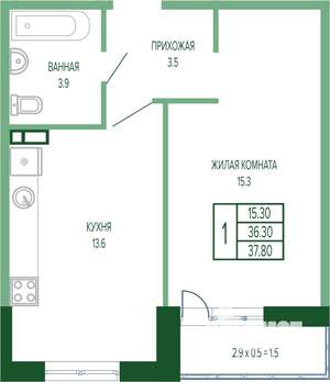 1-к квартира, вторичка, 38м2, 2/17 этаж