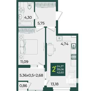 2-к квартира, вторичка, 43м2, 3/18 этаж