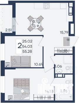 2-к квартира, вторичка, 55м2, 16/18 этаж