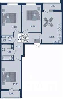 3-к квартира, вторичка, 74м2, 4/18 этаж