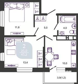 2-к квартира, сданный дом, 45м2, 20/24 этаж