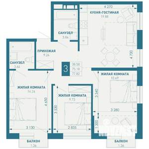 3-к квартира, строящийся дом, 78м2, 3/18 этаж