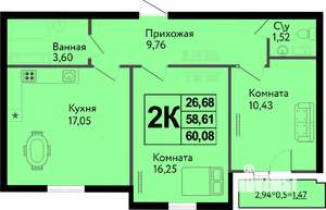 2-к квартира, вторичка, 60м2, 16/19 этаж