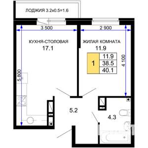 1-к квартира, вторичка, 40м2, 4/16 этаж