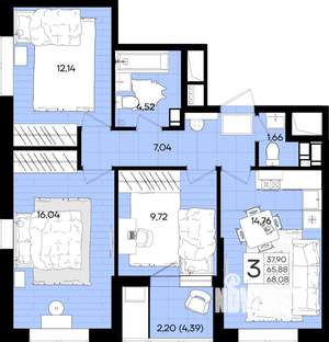 3-к квартира, вторичка, 68м2, 2/18 этаж