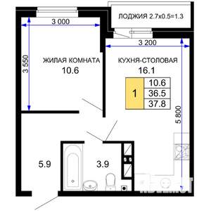 1-к квартира, строящийся дом, 38м2, 3/16 этаж