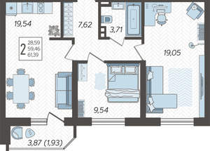 2-к квартира, строящийся дом, 61м2, 20/23 этаж