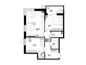 2-к квартира, вторичка, 64м2, 4/18 этаж